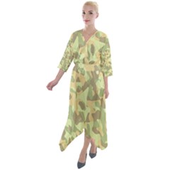 Light Green Brown Yellow Camouflage Pattern Quarter Sleeve Wrap Front Maxi Dress by SpinnyChairDesigns