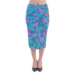 Purple And Teal Camouflage Pattern Velvet Midi Pencil Skirt by SpinnyChairDesigns