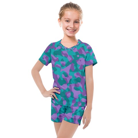 Purple And Teal Camouflage Pattern Kids  Mesh Tee And Shorts Set by SpinnyChairDesigns