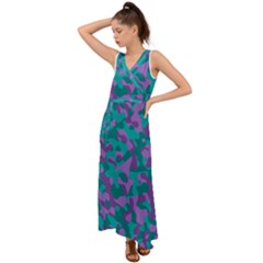 Purple And Teal Camouflage Pattern V-neck Chiffon Maxi Dress by SpinnyChairDesigns