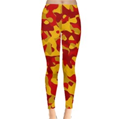 Red And Yellow Camouflage Pattern Leggings  by SpinnyChairDesigns