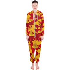 Red And Yellow Camouflage Pattern Hooded Jumpsuit (ladies)  by SpinnyChairDesigns