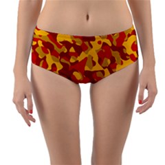 Red And Yellow Camouflage Pattern Reversible Mid-waist Bikini Bottoms by SpinnyChairDesigns