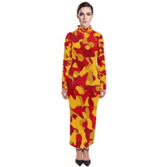 Red And Yellow Camouflage Pattern Turtleneck Maxi Dress by SpinnyChairDesigns