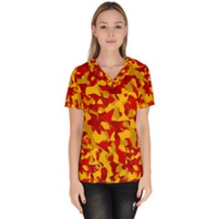 Red And Yellow Camouflage Pattern Women s V-neck Scrub Top by SpinnyChairDesigns