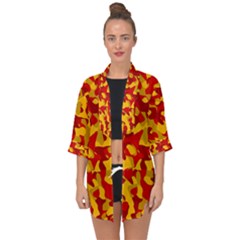 Red And Yellow Camouflage Pattern Open Front Chiffon Kimono by SpinnyChairDesigns