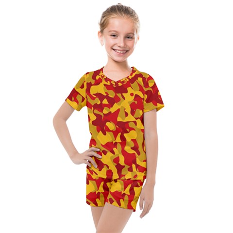 Red And Yellow Camouflage Pattern Kids  Mesh Tee And Shorts Set by SpinnyChairDesigns