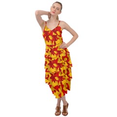 Red And Yellow Camouflage Pattern Layered Bottom Dress by SpinnyChairDesigns