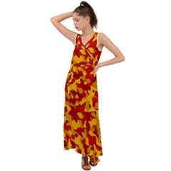 Red And Yellow Camouflage Pattern V-neck Chiffon Maxi Dress by SpinnyChairDesigns