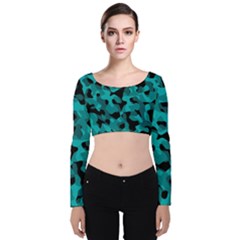 Black And Teal Camouflage Pattern Velvet Long Sleeve Crop Top by SpinnyChairDesigns