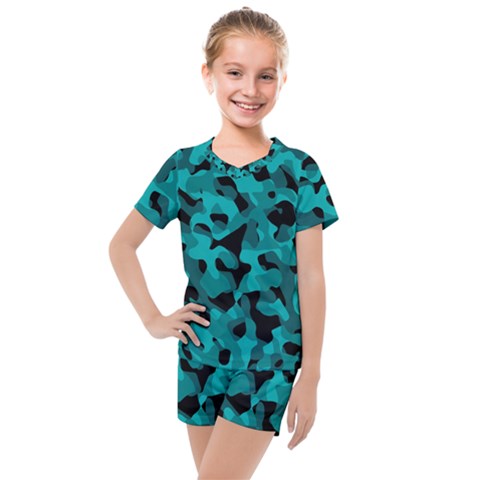 Black And Teal Camouflage Pattern Kids  Mesh Tee And Shorts Set by SpinnyChairDesigns