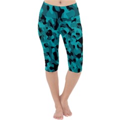 Black And Teal Camouflage Pattern Lightweight Velour Cropped Yoga Leggings by SpinnyChairDesigns