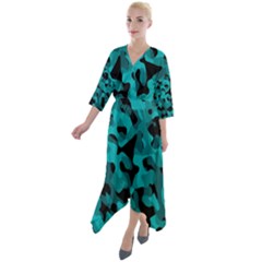 Black And Teal Camouflage Pattern Quarter Sleeve Wrap Front Maxi Dress by SpinnyChairDesigns