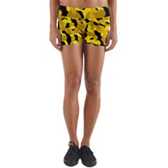 Black And Yellow Camouflage Pattern Yoga Shorts by SpinnyChairDesigns