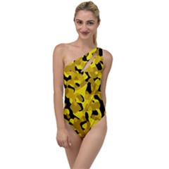 Black And Yellow Camouflage Pattern To One Side Swimsuit by SpinnyChairDesigns