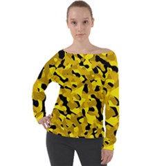 Black And Yellow Camouflage Pattern Off Shoulder Long Sleeve Velour Top by SpinnyChairDesigns