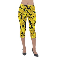 Black And Yellow Camouflage Pattern Lightweight Velour Capri Leggings  by SpinnyChairDesigns