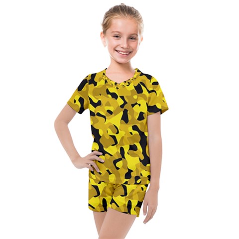 Black And Yellow Camouflage Pattern Kids  Mesh Tee And Shorts Set by SpinnyChairDesigns