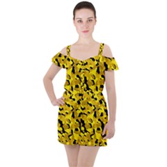 Black And Yellow Camouflage Pattern Ruffle Cut Out Chiffon Playsuit by SpinnyChairDesigns