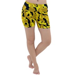 Black And Yellow Camouflage Pattern Lightweight Velour Yoga Shorts by SpinnyChairDesigns