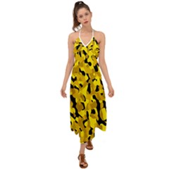 Black And Yellow Camouflage Pattern Halter Tie Back Dress  by SpinnyChairDesigns