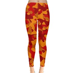 Red And Orange Camouflage Pattern Leggings  by SpinnyChairDesigns