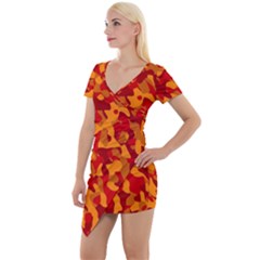 Red And Orange Camouflage Pattern Short Sleeve Asymmetric Mini Dress by SpinnyChairDesigns