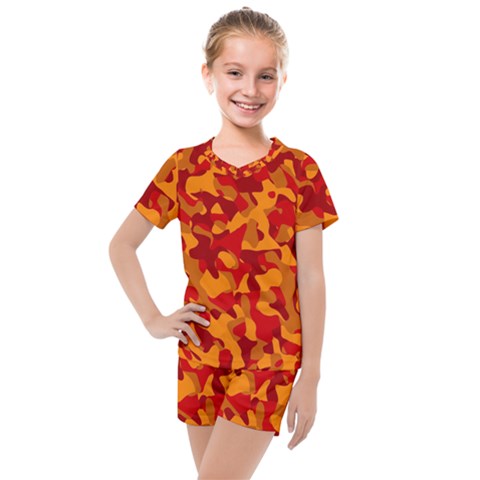 Red And Orange Camouflage Pattern Kids  Mesh Tee And Shorts Set by SpinnyChairDesigns