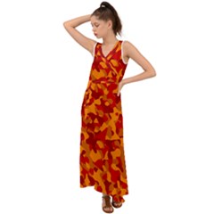 Red And Orange Camouflage Pattern V-neck Chiffon Maxi Dress by SpinnyChairDesigns