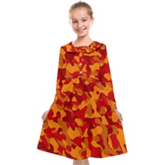 Red And Orange Camouflage Pattern Kids  Midi Sailor Dress by SpinnyChairDesigns