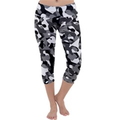 Black And White Camouflage Pattern Capri Yoga Leggings by SpinnyChairDesigns