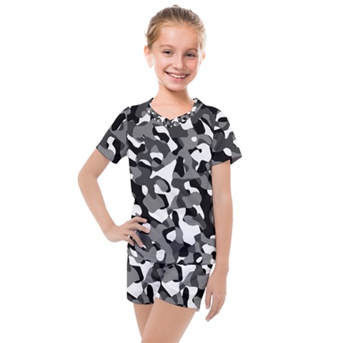 Black And White Camouflage Pattern Kids  Mesh Tee And Shorts Set by SpinnyChairDesigns