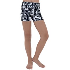 Black And White Camouflage Pattern Kids  Lightweight Velour Yoga Shorts by SpinnyChairDesigns