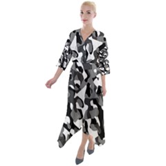 Black And White Camouflage Pattern Quarter Sleeve Wrap Front Maxi Dress by SpinnyChairDesigns