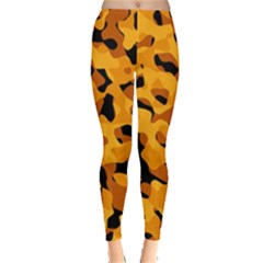 Orange And Black Camouflage Pattern Leggings  by SpinnyChairDesigns