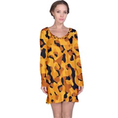 Orange And Black Camouflage Pattern Long Sleeve Nightdress by SpinnyChairDesigns