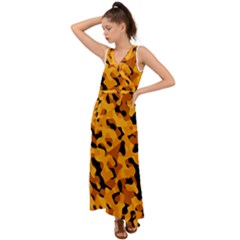 Orange And Black Camouflage Pattern V-neck Chiffon Maxi Dress by SpinnyChairDesigns