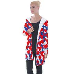 Red White Blue Camouflage Pattern Longline Hooded Cardigan by SpinnyChairDesigns