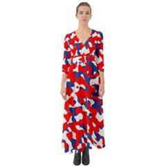 Red White Blue Camouflage Pattern Button Up Boho Maxi Dress by SpinnyChairDesigns