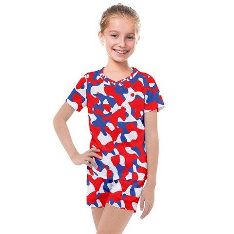 Red White Blue Camouflage Pattern Kids  Mesh Tee And Shorts Set by SpinnyChairDesigns