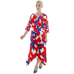 Red White Blue Camouflage Pattern Quarter Sleeve Wrap Front Maxi Dress by SpinnyChairDesigns