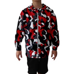 Black Red White Camouflage Pattern Kids  Hooded Windbreaker by SpinnyChairDesigns