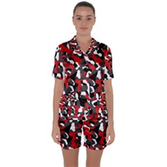 Black Red White Camouflage Pattern Satin Short Sleeve Pyjamas Set by SpinnyChairDesigns