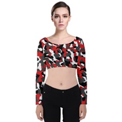 Black Red White Camouflage Pattern Velvet Long Sleeve Crop Top by SpinnyChairDesigns