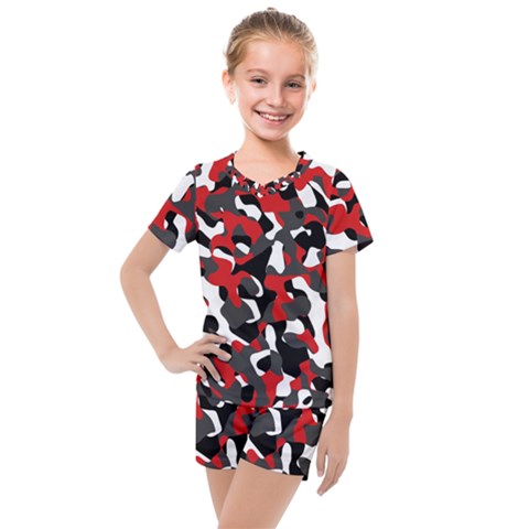 Black Red White Camouflage Pattern Kids  Mesh Tee And Shorts Set by SpinnyChairDesigns