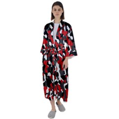 Black Red White Camouflage Pattern Maxi Satin Kimono by SpinnyChairDesigns