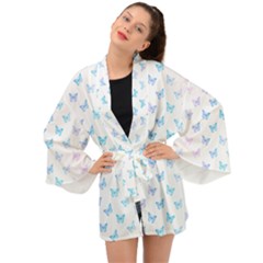 Light Blue Pink Butterflies Pattern Long Sleeve Kimono by SpinnyChairDesigns