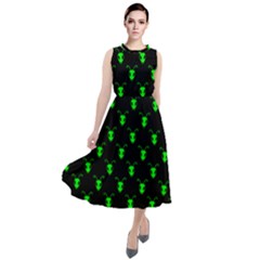 Neon Green Bug Insect Heads On Black Round Neck Boho Dress by SpinnyChairDesigns