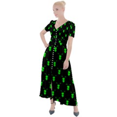 Neon Green Bug Insect Heads On Black Button Up Short Sleeve Maxi Dress by SpinnyChairDesigns