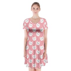 Cute Cat Faces White And Pink Short Sleeve V-neck Flare Dress by SpinnyChairDesigns